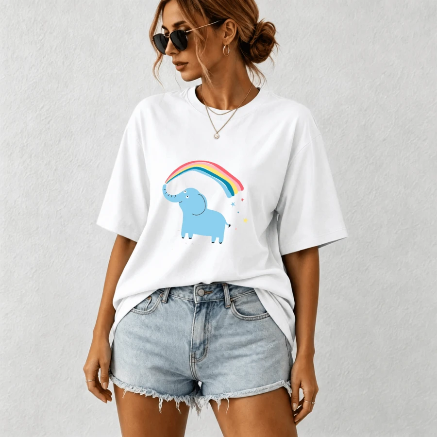 G Studio Women's T-Shirt Kawaii Elephant Design Fashion Aesthetic For Mom And Kids Oversize - T01-白色 - 查看 1