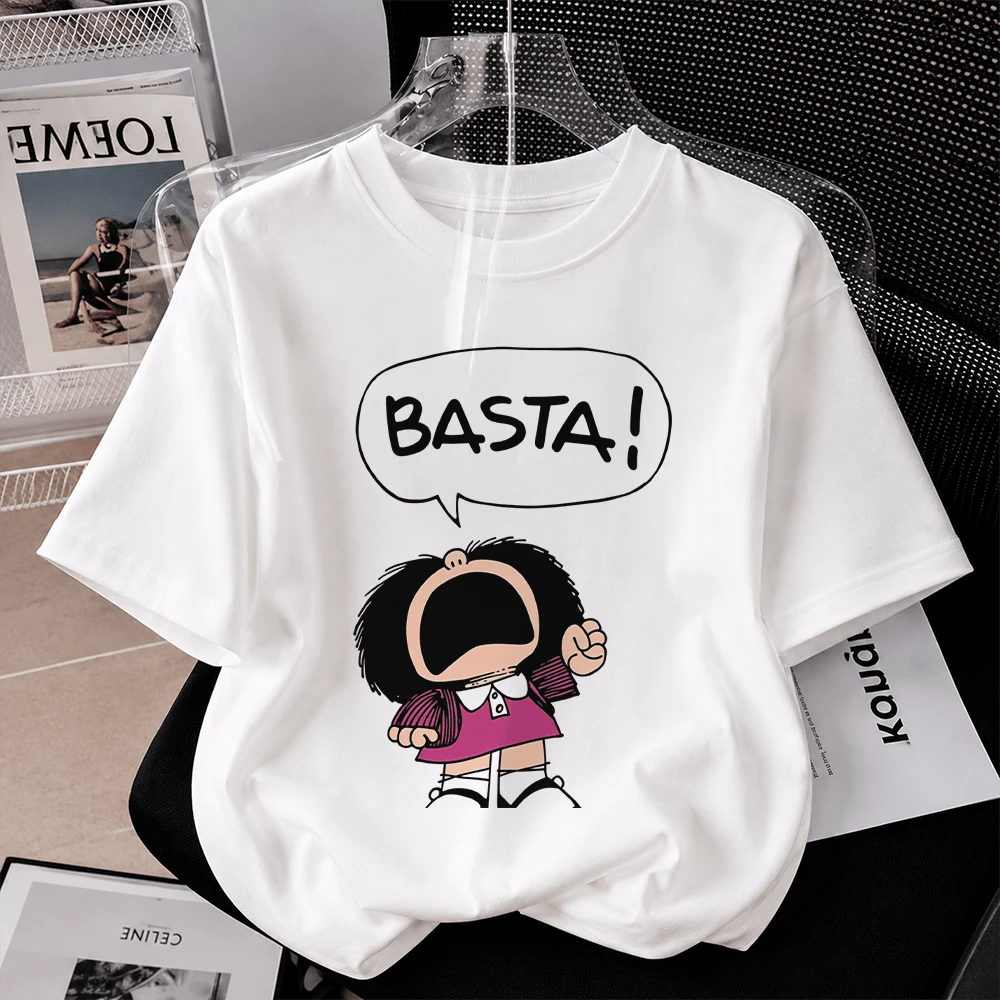 Mafalda White T-Shirt For Women With A Print Of Mafalda Saying "ENOUGH," Retro Latin Comic Style, Short Sleeve, Round Neck, Casual - 黑色 - 查看 1