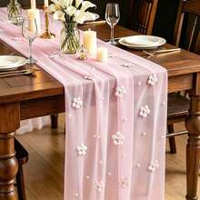 1 Pack Pearl Table Runner With 3D Flowers Boho Rustic Sheer Tulle Fabric Tablecloth Wedding Table Cloths For Bridal Baby Shower Birthday Party Arch Veil Dessert - Pink - View 1