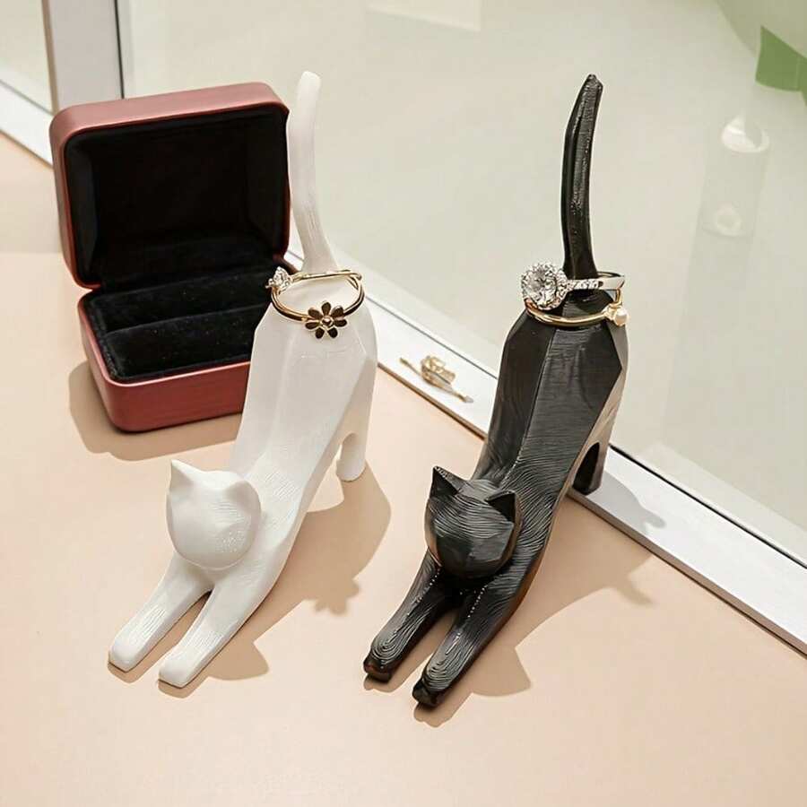1件 3D列印貓咪雕像戒指架,白色與黑色,極簡主義珠寶展示架,適用於婚戒、居家與辦公室裝飾,女性理想禮物,貓奴收藏,生日禮物,珠寶塔 - A - 查看 1