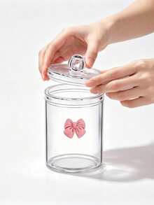 2pcs Pink Bow Print Transparent Plastic Storage Jars With Knob Handle Screw Lid Design, PET Material Transparent Moisture-Proof Dust-Proof Storage Box, Cute Sweet Style Storage Canister, Suitable For Bathroom Cosmetics And Desktop Clutter Storage - View 8