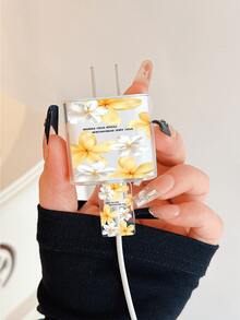 花卉英式印花極簡風 Apple 充電器保護套，相容 20W 15 充電器、16 ProMax 充電線保護蓋，防彎折、防貓咬，適用於 13/14 Plus 數據線保護、充電器保護，聖誕禮物，送女友禮物 - 無色 - 查看 3