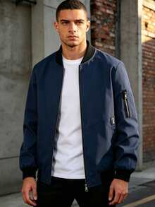 1pc Men's Pilot Jacket Zipper Decor Baseball Collar Casual Outerwear Spring/Autumn Versatile Workwear Jacket - Navy Blue - View 6