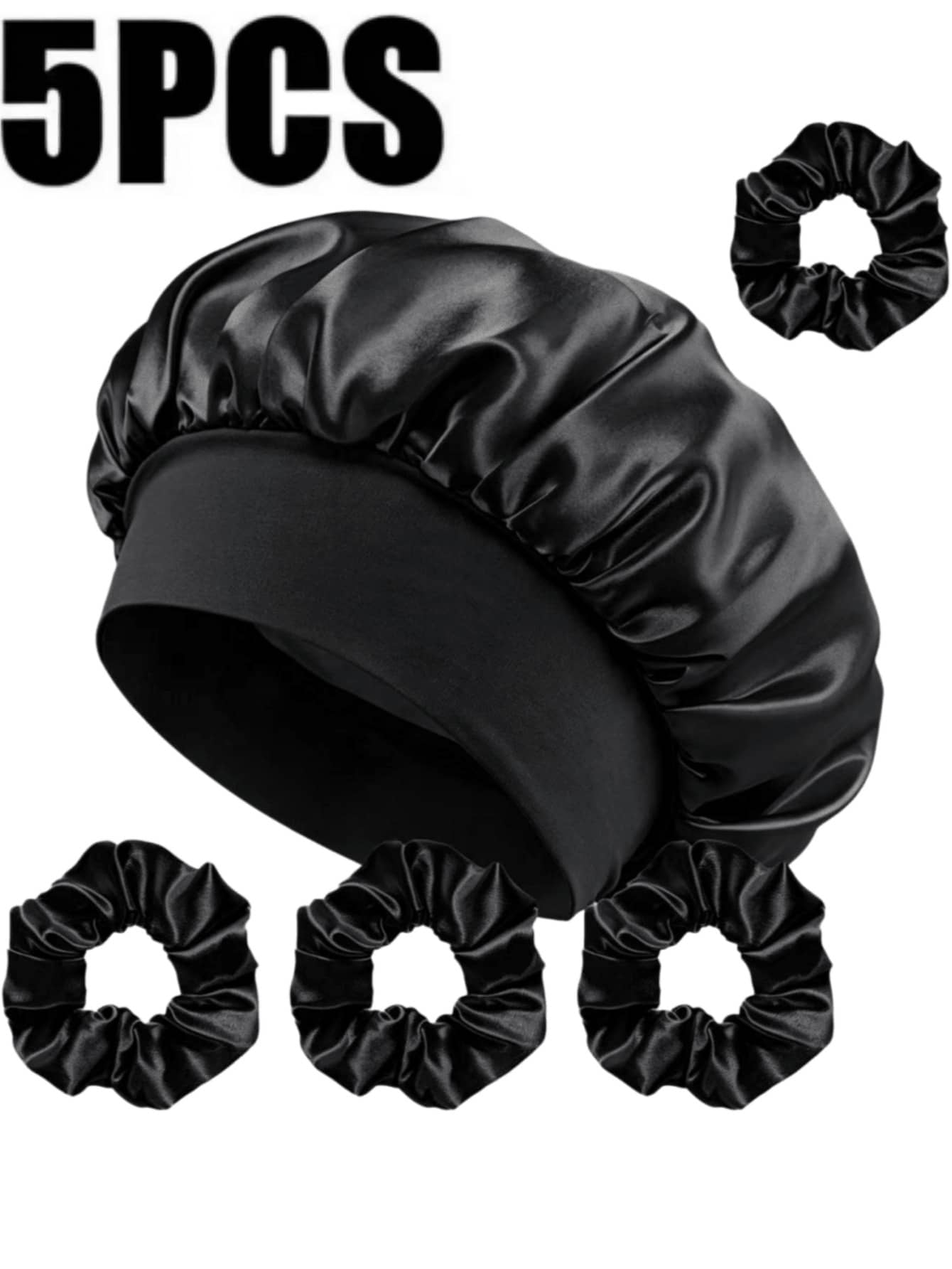 5pcs/Set Faux Silk Wide Brim Sleep Cap, Bohemian Cute Casual Polyester (Polyester) Solid Color Hair Care Hair Accessory For Home, Gift, Daily Use, All Seasons - 5-piece Hair Care Set - View 1