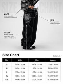 Fashion Street Hip Hop Spider Web Embroidered Straight Loose Wide Leg Denim Jeans For Men With Back Pocket Embroidery Design - Black - View 7