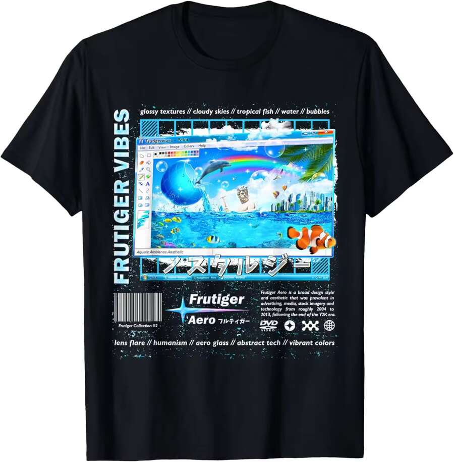 100% Cotton Women's Black T-Shirt With Retro Aero Ocean Graphic Print, Casual Streetwear Top - 黑色 - 查看 1