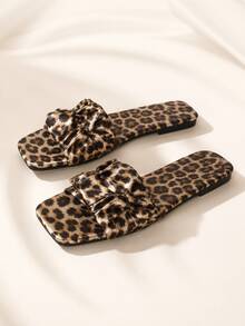 Women's Leopard Print Wide Strap Flat Slides, Square Toe Open Toe Summer Vacation Sandals - Brown - View 14