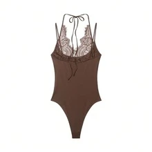 Women's Summer One-Piece Bodysuit, Deep V-Neck, Novel And Sexy, Lace Patchwork Elements - Khaki - View 10
