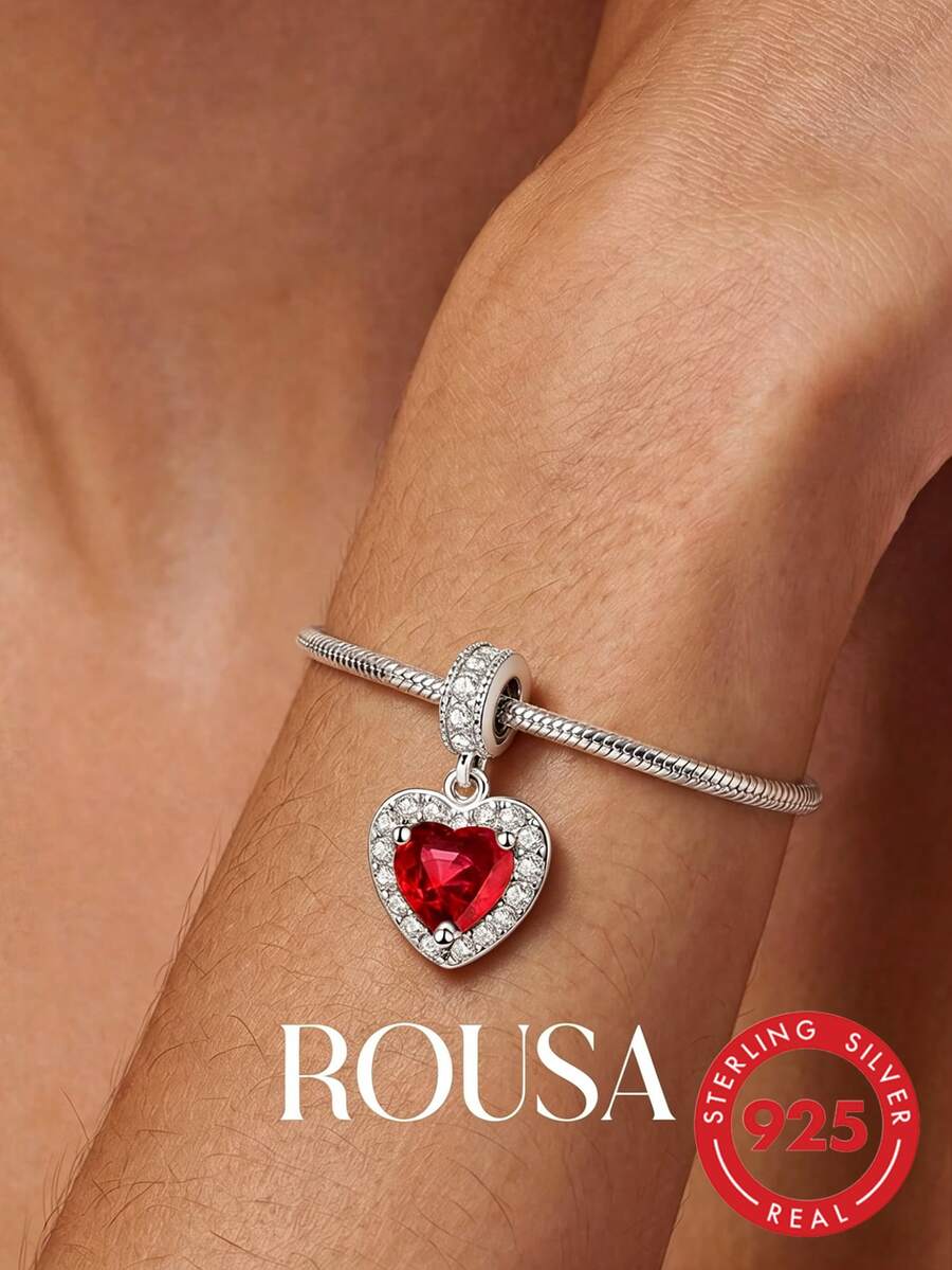 1pc 925 Sterling Silver Shiny Heart Shaped Beaded Pendant, Suitable For Bracelet, Bangle DIY Jewelry Making And Daily Wear Decoration, Suitable For Girls/Women, Also Can Be Used As Student Supplies