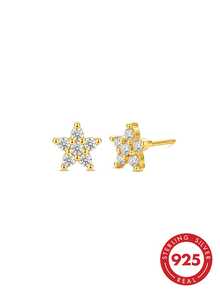 Paved Cubic Zirconia Star Stud Earrings,18K Gold Plated S925 Silver Hypoallergenic Dainty Earrings With Gift Box For Gifting - Gold - View 1
