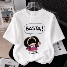 Mafalda playera blanca para mujer con estampado de Mafalda diciendo BASTA, estilo cómic retro latino, manga corta cuello redondo casual - Negro - Ver 8