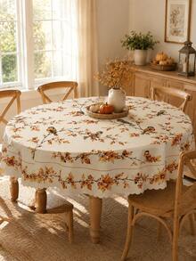 1pc Autumn Bird & Maple Leaf Branch Print Tablecloth, Cream White Vintage Pastoral Style Wavy Edge Dining Tablecloth, Suitable For Kitchen, Dining Room, Family Gathering, Autumn Lunch, Tablecloth For Dining Room, Kitchen Essentials - Multicolor - View 1