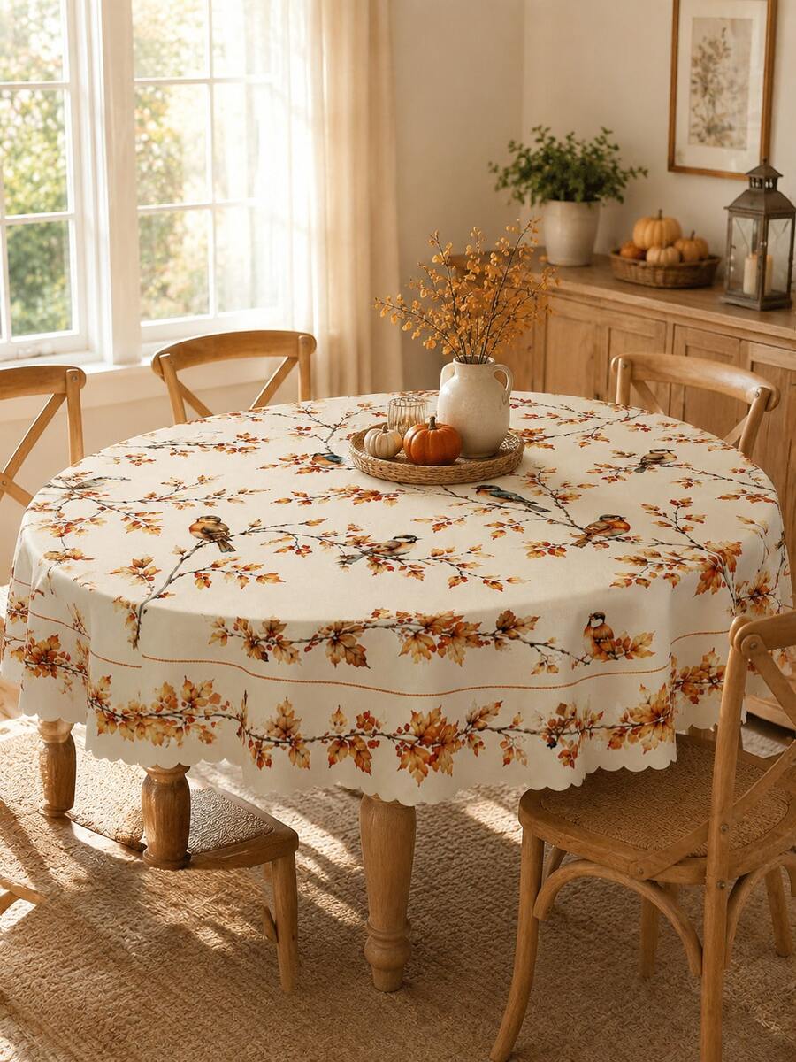 1pc Autumn Bird & Maple Leaf Branch Print Tablecloth, Cream White Vintage Pastoral Style Wavy Edge Dining Tablecloth, Suitable For Kitchen, Dining Room, Family Gathering, Autumn Lunch, Tablecloth For Dining Room, Kitchen Essentials - Multicolor - View 1