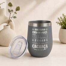 Copo Térmico PERSONALIZADO A LASER COM ARTE: Frase Ave Mariaa - Cachaça 350ml Aço Inox parede dupla Bebida Gelada ou Quente Envio Imediato idéias de presente - Cinza - Visão 2