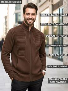 Suéter Masculino Blusa De Frio Casaco Com Bolso e Zíper Lã Tricot - Marrom - Visão 4