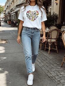 Summer Tops For Women. Women's T-Shirt With Watercolor Floral Heart Print, Short-Sleeved And With A Round Neck In White – Machine Washable, Suitable For Spring, Summer And Autumn, Casual Style, Comfortable Fit, Versatile Design For Everyday Wear, Soft Fabric, Cotton T-Shirt. - White - View 2