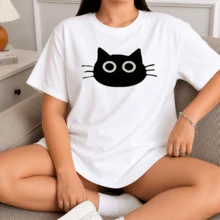 Women's White T-Shirt With A Black Cat Face Print With Big Eyes, Cute Kawaii Animal Style, Short Sleeves, Round Neck, Casual For Everyday Wear, Summer And Spring Gift - 黑色 - 查看 8