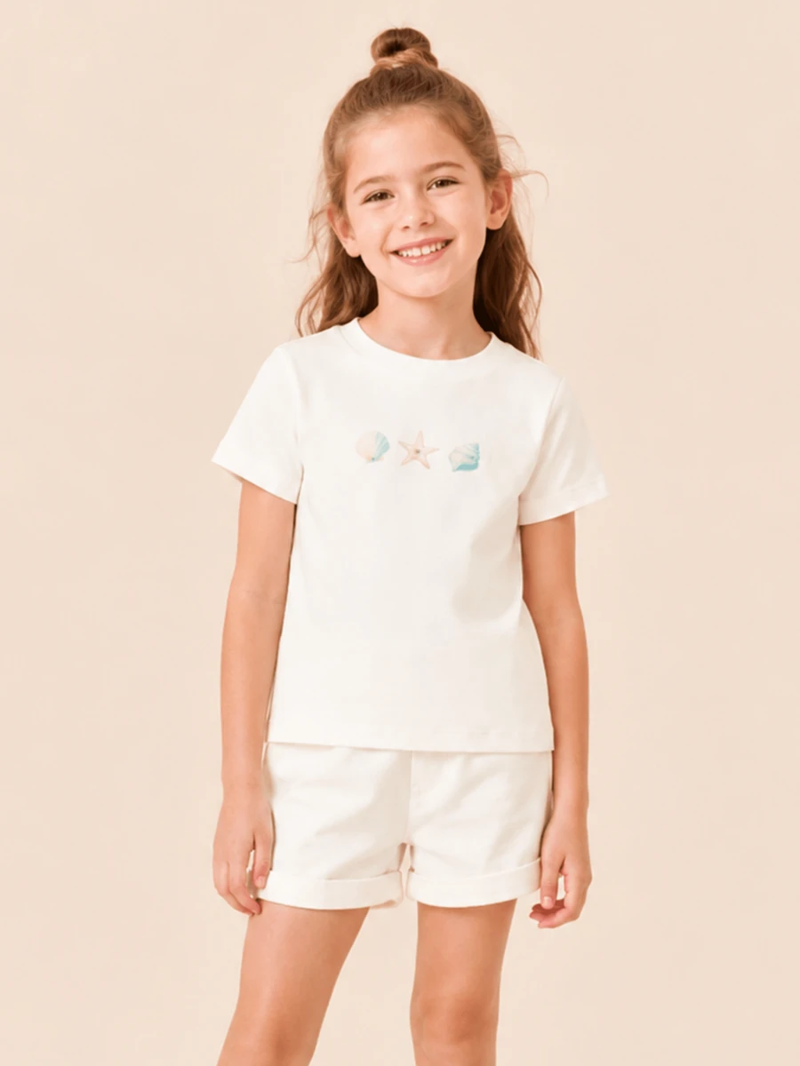 Balabala 2026 New Girls Ocean Print T-Shirt, Summer Comfortable Breathable Casual Cute Daily Wear Fashion Style - Original White - View 1