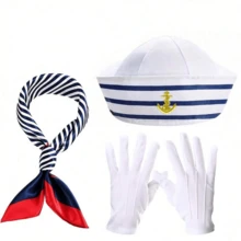 3pcs Classic Navy Style Hat, Scarf And Accessories Set. Suitable For Role Play, Theme Party And Navy Uniform. These Are Women's Hats And Hair Accessories, Also Essential Items For Cruise Travel. Very Suitable For Women To Wear. Navy Outfit Hat Bow Tie Gloves Accessories Set - Multicolor - View 1