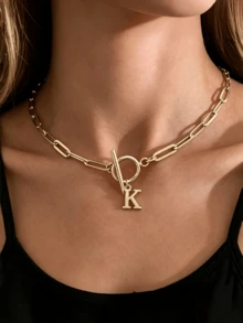 1pc Women's Initial Letter Necklace, Uppercase CZ A-Z Letter, Gold Necklace, Thick OT Clasp Choker, Hip Hop Jewelry - Gold - View 3