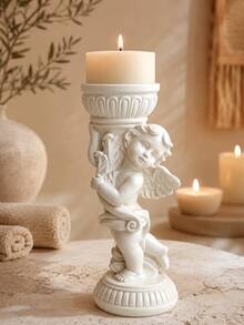 European Retro Cream White, Winged Cherub Pillar Shape, Carved Roman Base & Scroll Wing Detail, Pillar Candle Stand For Table Decor, Wedding Centerpiece, Valentine & Christmas Gift - Angel - View 6