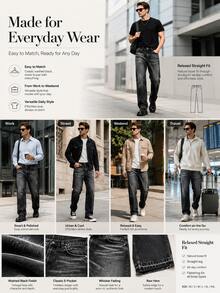 Quần jeans ống rộng nam không co giãn màu đen wash, phong cách streetwear thường ngày, hiệu ứng râu mèo, gấu raw, denim Y2K - màu đen - Xem 8