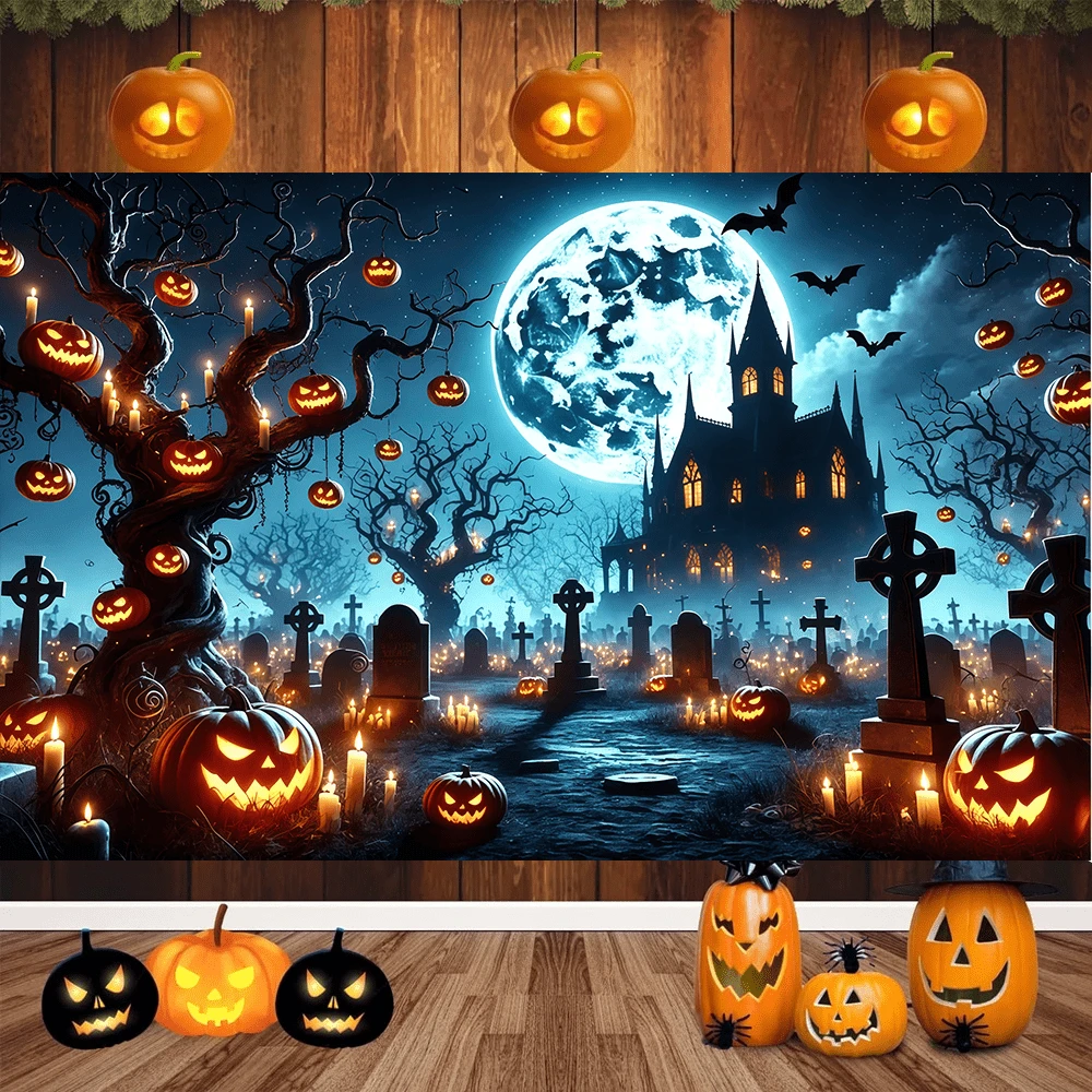 1pc Halloween Castle Moonlight Pumpkin Banner, Polyester Material, Suitable For Halloween Party, Haunted House Theme Events, Birthday, Indoor/Outdoor Decoration, Home Decor, Garden, Yard Decoration And General Theme