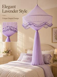 1pc Princess Royal Bed Canopy Mosquito Net, Solid Color, Lace Trim Round Dome Hanging Style, Lightweight Polyester Mesh, Mosquito Protection & Decorative Privacy, Fits Full Queen & Dorm Beds, Back To School College Dorm Bedroom Essential - B - View 9