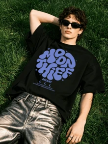 Men's Summer Casual Soft Round Neck Short Sleeve-Shirt,Blue Bubble Moon Theme Letter Print Graphic Is Suitable Daily Wear. - Black - View 3