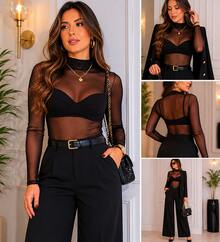 Transparent Tulle Blouse With Mock Collar, Long-Sleeved Tulle Blouse, Stretch Knit Fabric, No Bra, Modern, Elegant, Premium. - 黑色 - 查看 1