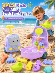 8PCS Kids Beach Toy Set With Cartoon Elephant Hippo Pull Cart Storage Box, CPC Rounded Edge Sand Shovel Animal Molds, Spinning Water Wheel Playset For Toddler Sandpit, Pool & Bathtime All-Season Outdoor Fun - Multicolor - View 3