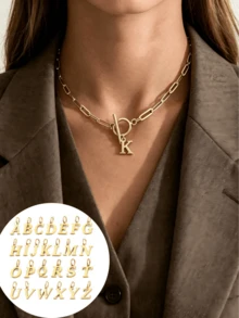 1pc Women's Initial Letter Necklace, Uppercase CZ A-Z Letter, Gold Necklace, Thick OT Clasp Choker, Hip Hop Jewelry - Gold - View 4