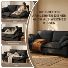 Modular Corner Sofa, Cloud L-Shaped Sofa With A Sailboat-Inspired Design, Including 1 Removable Ottoman And 2 Soft Cushions, Comfortable Chenille Upholstery For Living Rooms And Apartments, Black - Black - View 3