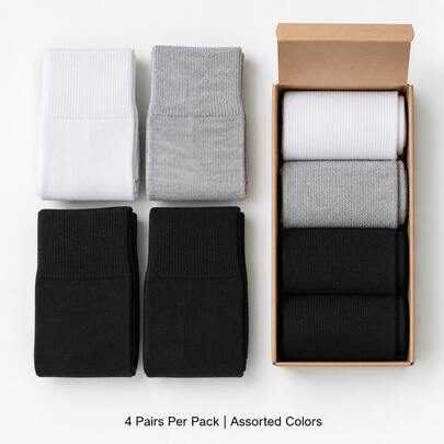 4-Pair Pack Of Diabetic Mid-Calf Socks; Extra Wide, Unrestricted Cuff; Elastic Opening For Easy On And Off; Suitable For Neuropathic Care; Soft And Breathable Fabric; For Swollen Feet, Edema, Bunions;