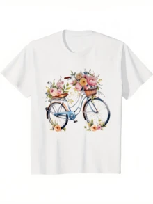 New Arrival,Lightweight Women's Short Sleeve T-Shirt – Vintage Style With Bicycle And Flowers,Best Gift For You - White - View 1