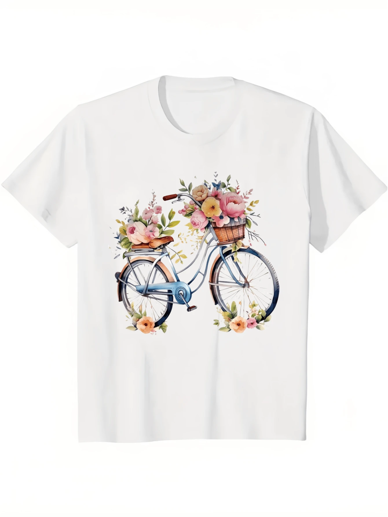 New Arrival,Lightweight Women's Short Sleeve T-Shirt – Vintage Style With Bicycle And Flowers,Best Gift For You - White - View 1