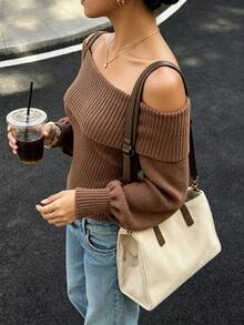 Nuevo suéter de punto regular con hombros descubiertos, unicolor, textura, para mujer, tipo pullover, para regreso a clases, fiesta, primavera, verano, otoño e invierno - Camel - Ver 3
