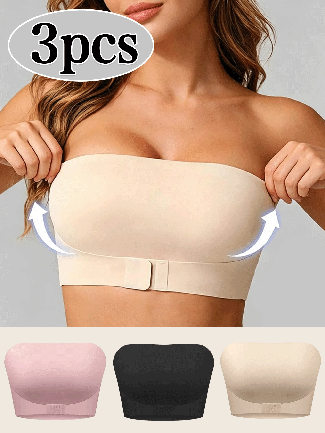 3Pcs/Set Women's Strapless Seamless Front Closure Wireless Non-Slip Sexy Bandeau Camisole Bra, Invisible Wireless Half Cup One-Piece Lingerie - Three-color Set - View 1