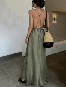 女款新款長洋裝 V領露背鏤空寬鬆夏季綠色洋裝，海灘度假休閒優雅派對穿搭 - 橄欖綠 - 查看 2