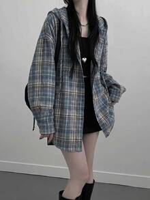 女士休闲宽松印花落肩长袖衬衫，适合春秋季、办公室、学校、日常穿着 - 藍色 - 查看 1