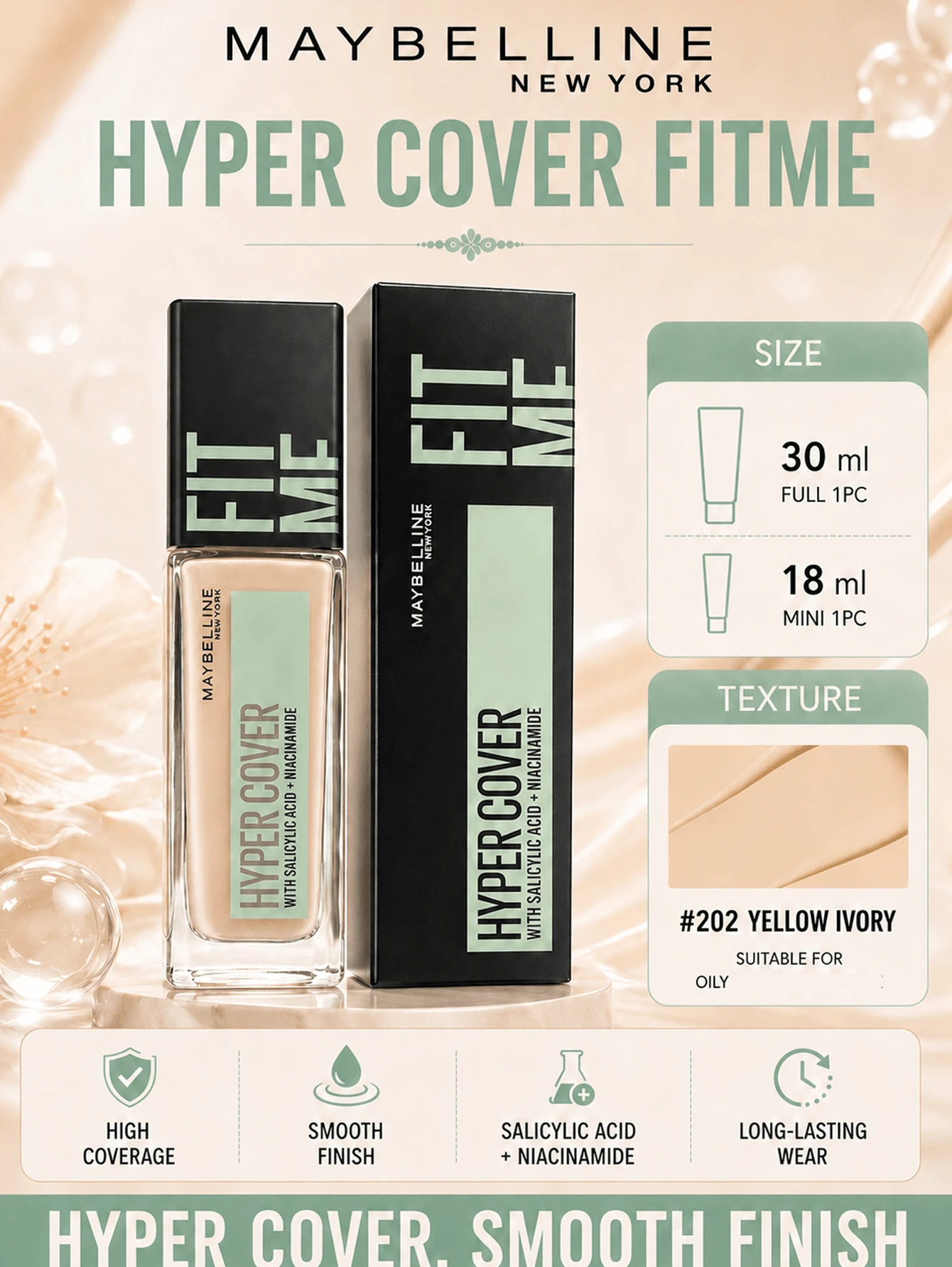 Maybelline 美寶蓮訂製粉底液無瑕版 202，分30ml和18ml兩種規格，添加水楊酸與菸鹼醯胺，控油細膩膚質，質地輕薄服帖。高遮瑕力輕鬆遮蓋痘印、泛紅瑕疵，反覆疊塗不厚重，打造柔霧霧面妝面。長效持妝防暗沉，黃皮日常底妝優選，通勤、油皮上妝適配。