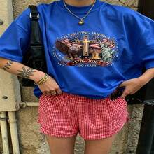Heartfelt Daily Casual Graphic T-Shirt 100% Cotton Oversized Soft Breathable Casual Crewneck Short Sleeve Top Vintage Red Checkered Shorts Street Style Aesthetic Daily Fashion Lovers Casual Wearers Daily Outfit Enthusiasts Gift Givers - 藍色 - 查看 18