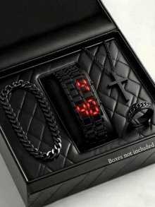 2pcs/Set Fashionable New Business Men's Stainless Steel Strap LED Digital Watch Suitable For Daily Decoration - Black - View 3
