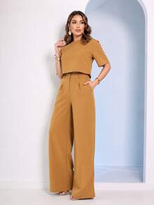 Women's Blouse And Wide-Leg Pants Set - 焦糖色 - 查看 3