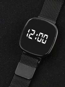 Set Jam Tangan Elektronik LED Persegi Pria 4 Buah, Gelang Rantai Kuba + Kalung Salib + Cincin Berpilin, Aksesoris Punk - MultiWarna - View 7
