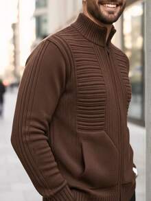 Suéter Masculino Blusa De Frio Casaco Com Bolso e Zíper Lã Tricot - Marrom - Visão 7