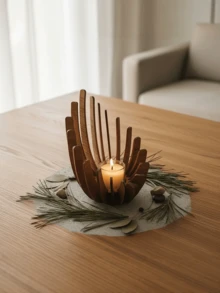 1/2/Pcs Creative Lotus-Shaped Natural Wood Tea Light Holder: Natural Wooden Candle Holder With Flame-Inspired Design And Handcrafted Finish, Perfect For Halloween, Christmas, Home Decor Or Adding Atmosphere To Wedding Proposals (Requires Manual Assembly) - Brown - View 3