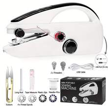 Juego de 14 piezas/44 piezas/55 piezas Máquina de coser a mano, adecuada para principiantes, máquina de coser portátil mini con costura rápida de doble velocidad, dispositivo de costura portátil para el hogar, viajes, manualidades DIY, (Nota: Solo adecuada para telas finas/colores de accesorios aleatorios) - Blanco - Ver 14