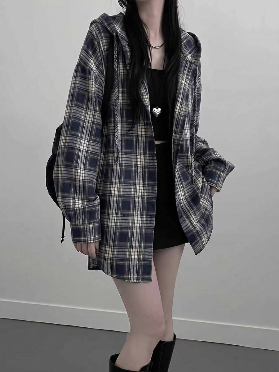 Women's Casual Loose Fit Patterned Drop Shoulder Long Sleeve Shirt, Suitable For Spring/Autumn, Office, School, Commute - Navy Blue - View 1