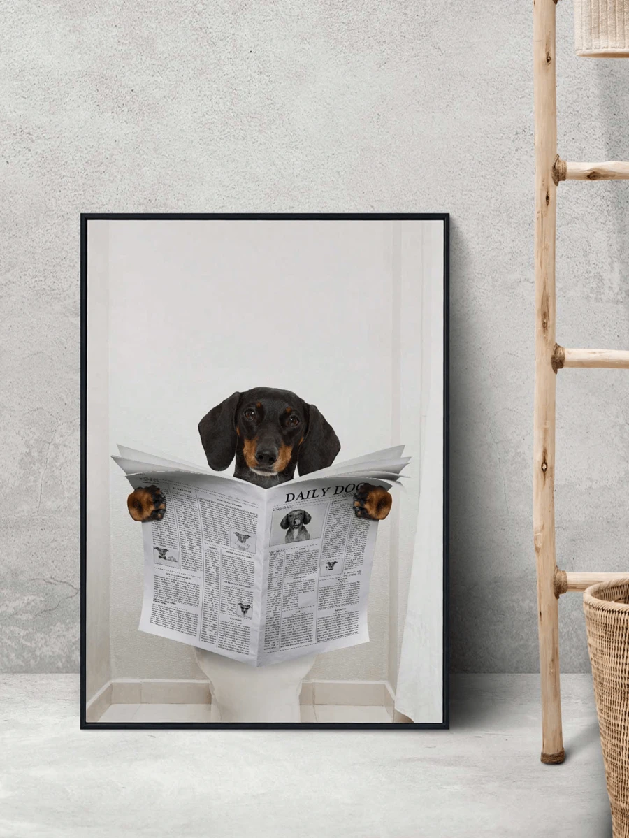 1pc Canvas Wall Art, Framed Wall Decor, Funny Dachshund Reading Newspaper On Toilet Art Poster, Humorous "Daily Dog" Bathroom Wall Art, Modern, Quirky, Humorous Bathroom Decor, Suitable For Master Bathroom, Guest Bathroom, Powder Room, Half Bath, Kids Bathroom, Apartment And Dorm. - Bathroom Art - View 1